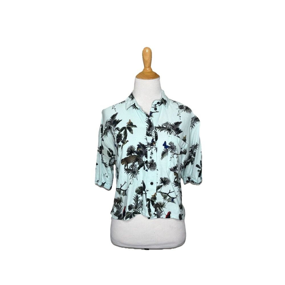 TopShop Blue Blouse Tiger Jungle Theme  Tunic Workwear Button Up Sz 6 Womens